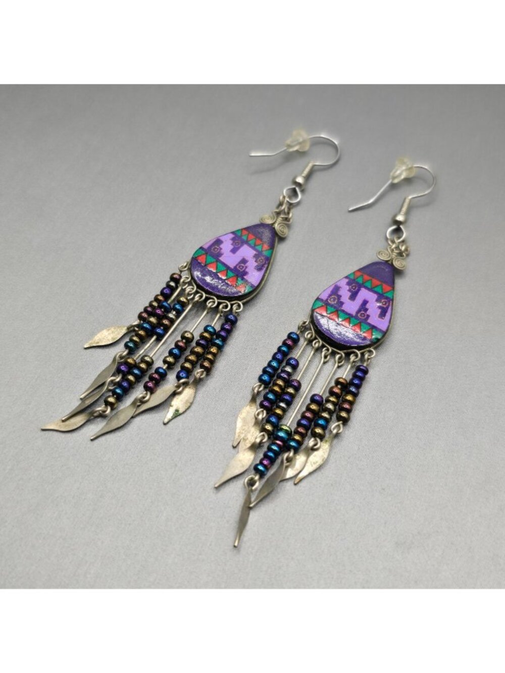 VTG Southwestern Dangle Earrings 3.75" Purple Beaded Fringe Aztec Boho Tribal - Picture 2 of 10